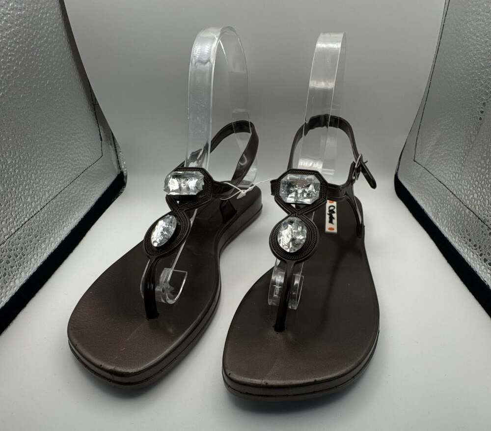 Sefeni Jelly T-Strap Sandals Size 7 Brown Rhinestone